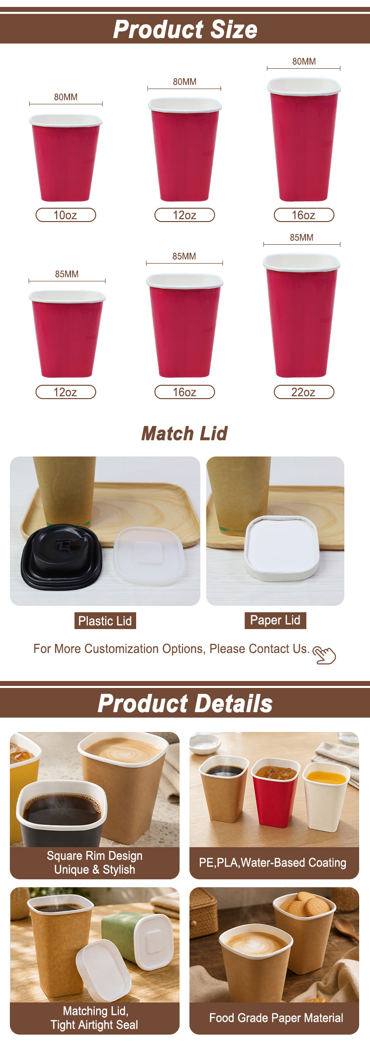 80mm Rim Diameter Square Paper Cups (10oz 12oz 16oz)